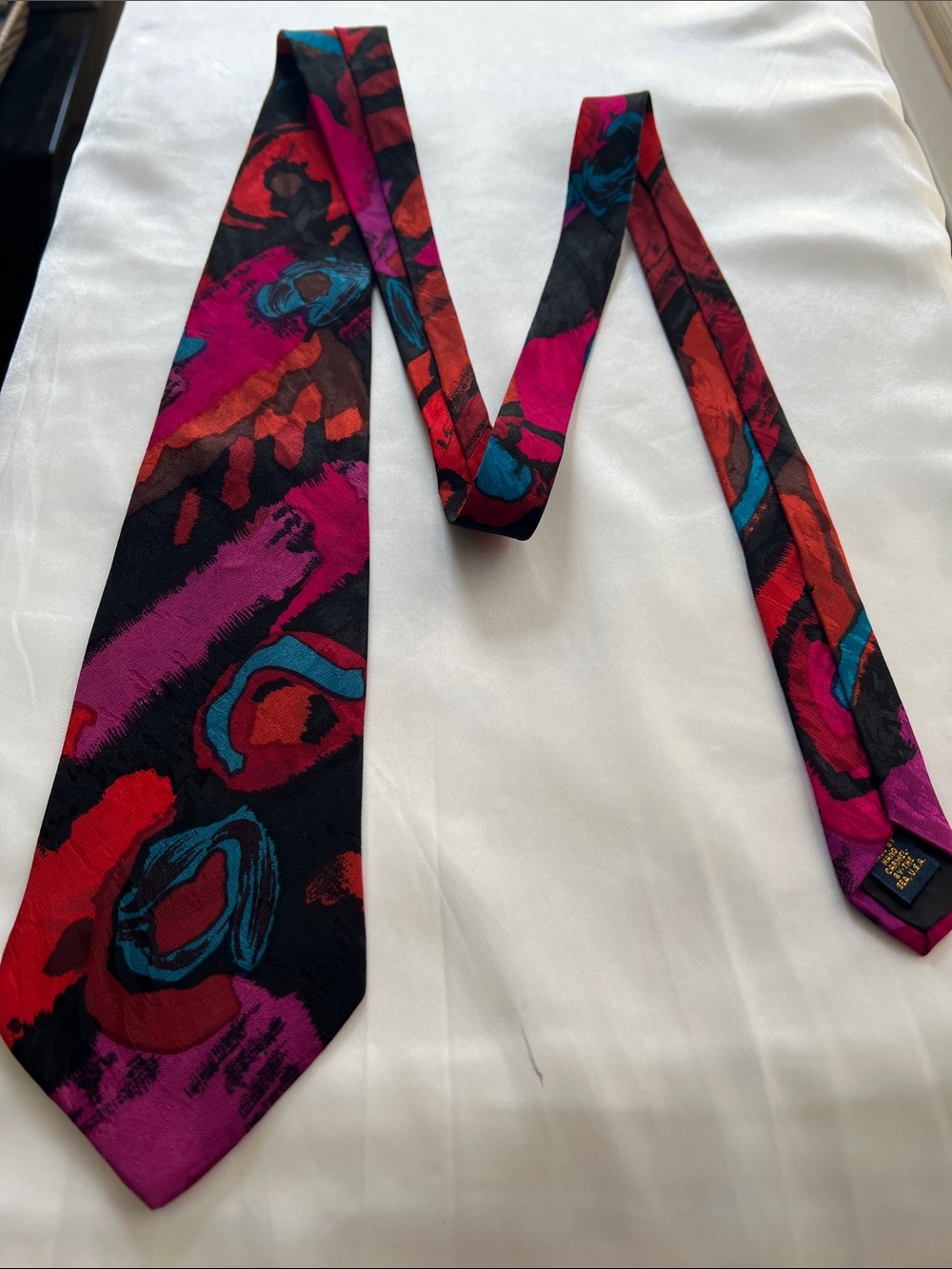 Abstract Multicolor Men's Smooth Pure Silk Tie in Black, Pink & Blue Handmade US